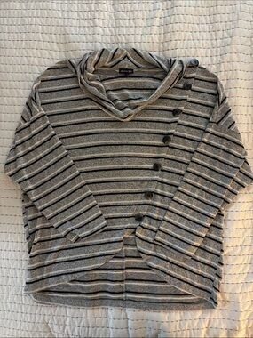 Alessi Gray and Black Striped Crewneck Sweater with Button Placket